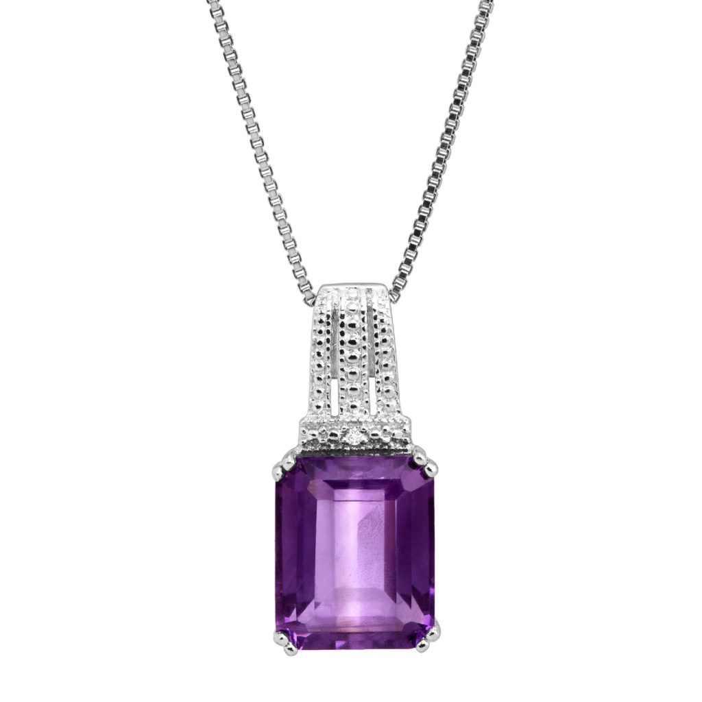 natural amethyst emerald cut pendant with diamond in sterling silver