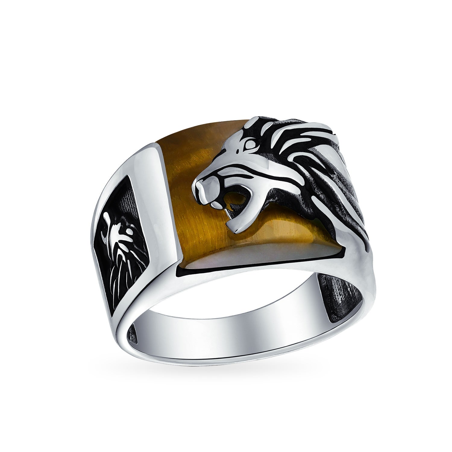 Roaring Lion Brown Tiger Eye Gemstone Large Ring For Men Solid Oxidized 925 Sterling Silver Handmade In Turkey