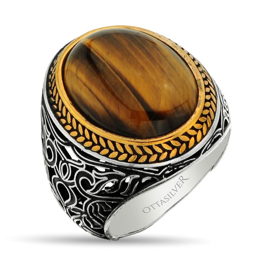 mens silver ring with tiger eye stone ottasilver gr 63 8a9 1